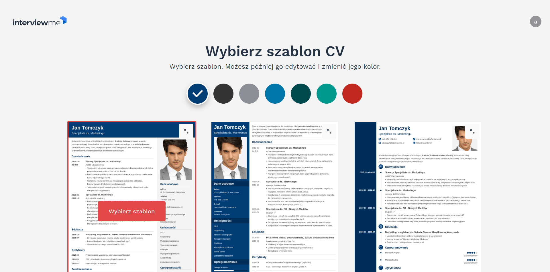 InterviewMe kreator CV screenshot szablony