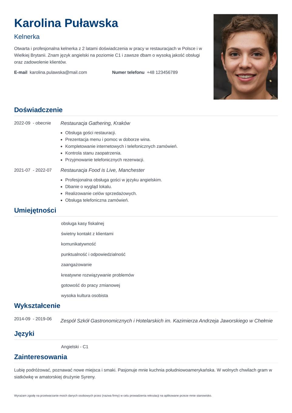 szablon cv kelnerki