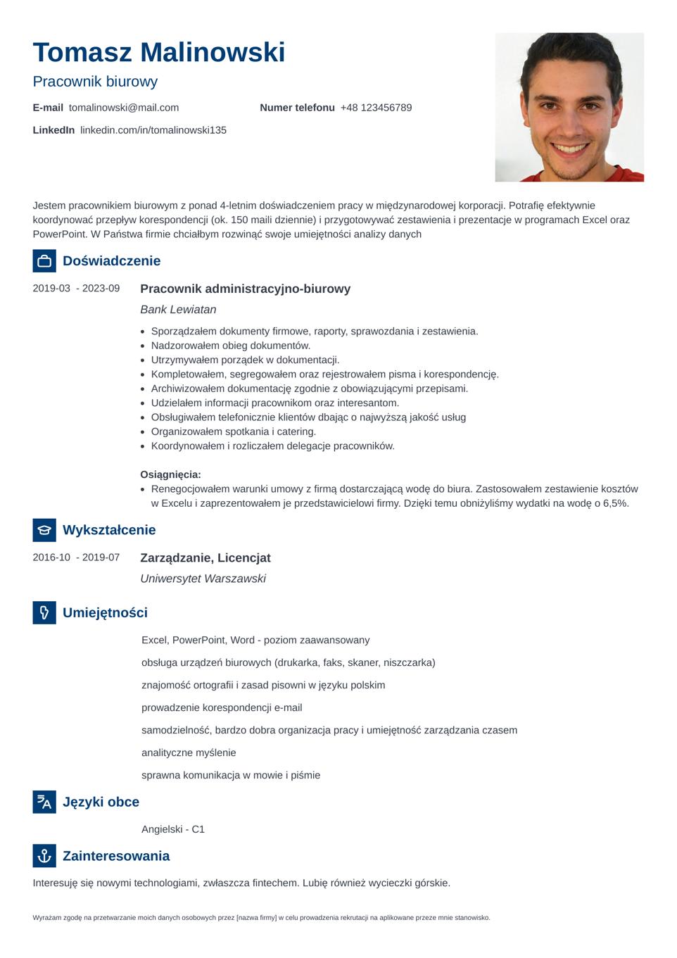 szablon cv dla pracownika biurowego